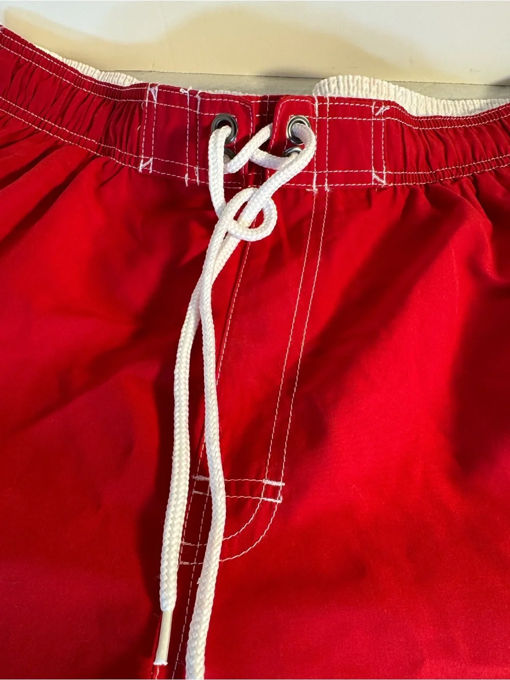 Men's Red Swim Trunks with White Side Stripe and Drawstring